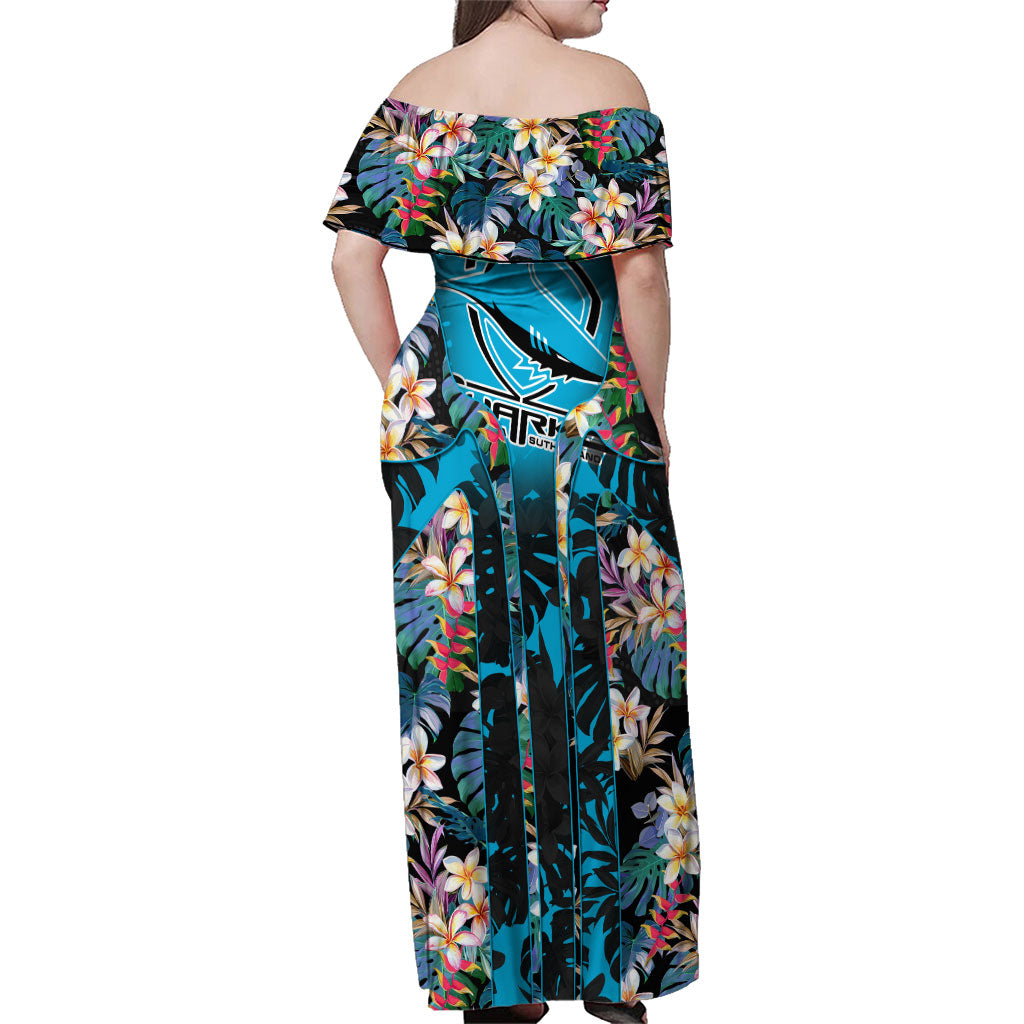Cronulla-Sutherland Sharks Family Matching Off Shoulder Maxi Dress and Hawaiian Shirt Tropical Island Floral Pattern With Black And Blue Accents