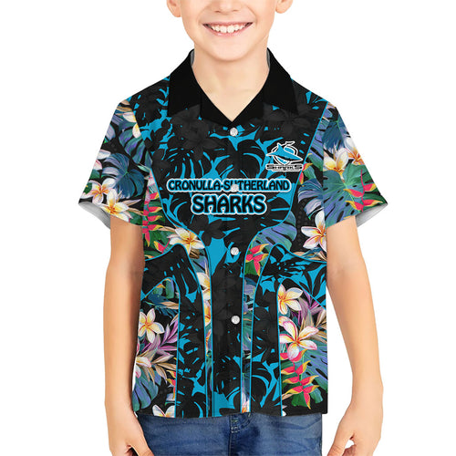 Cronulla-Sutherland Sharks Family Matching Off Shoulder Maxi Dress and Hawaiian Shirt Tropical Island Floral Pattern With Black And Blue Accents