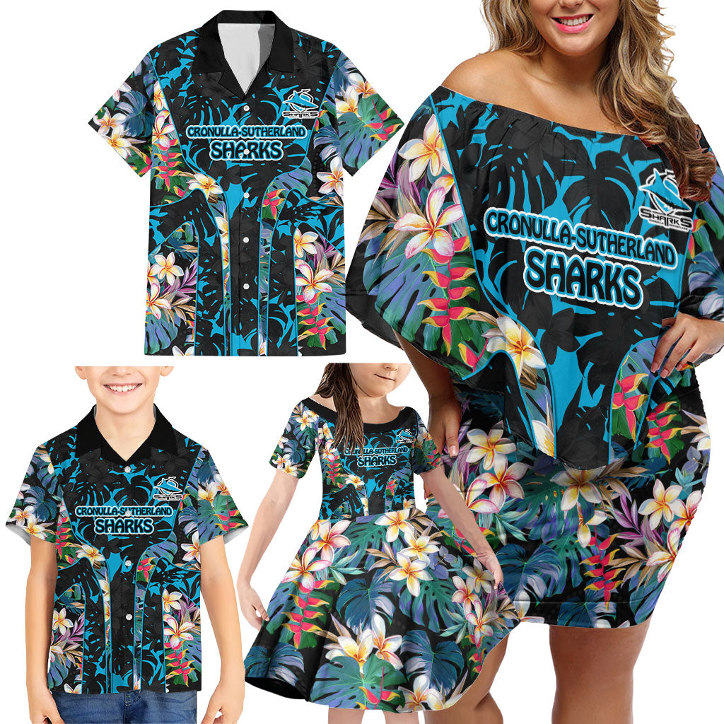 Cronulla-Sutherland Sharks Family Matching Off Shoulder Short Dress and Hawaiian Shirt Tropical Island Floral Pattern With Black And Blue Accents