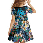 Cronulla-Sutherland Sharks Family Matching Off Shoulder Short Dress and Hawaiian Shirt Tropical Island Floral Pattern With Black And Blue Accents