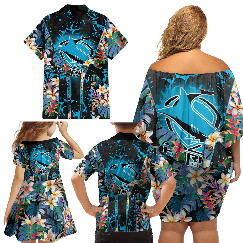 Cronulla-Sutherland Sharks Family Matching Off Shoulder Short Dress and Hawaiian Shirt Tropical Island Floral Pattern With Black And Blue Accents