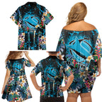 Cronulla-Sutherland Sharks Family Matching Off Shoulder Short Dress and Hawaiian Shirt Tropical Island Floral Pattern With Black And Blue Accents