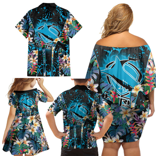 Cronulla-Sutherland Sharks Family Matching Off Shoulder Short Dress and Hawaiian Shirt Tropical Island Floral Pattern With Black And Blue Accents