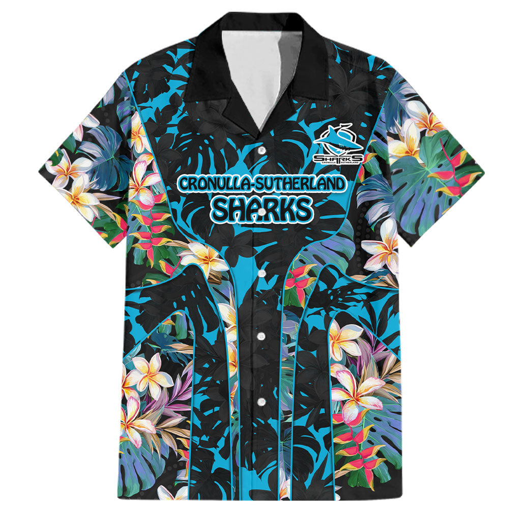 Cronulla-Sutherland Sharks Family Matching Off Shoulder Short Dress and Hawaiian Shirt Tropical Island Floral Pattern With Black And Blue Accents