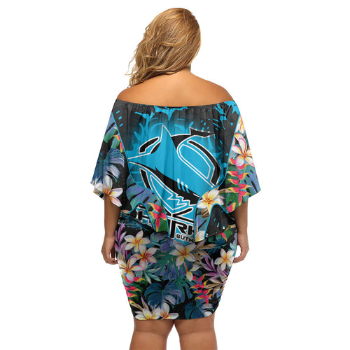 Cronulla-Sutherland Sharks Family Matching Off Shoulder Short Dress and Hawaiian Shirt Tropical Island Floral Pattern With Black And Blue Accents