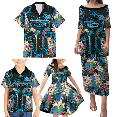 Cronulla-Sutherland Sharks Family Matching Puletasi and Hawaiian Shirt Tropical Island Floral Pattern With Black And Blue Accents