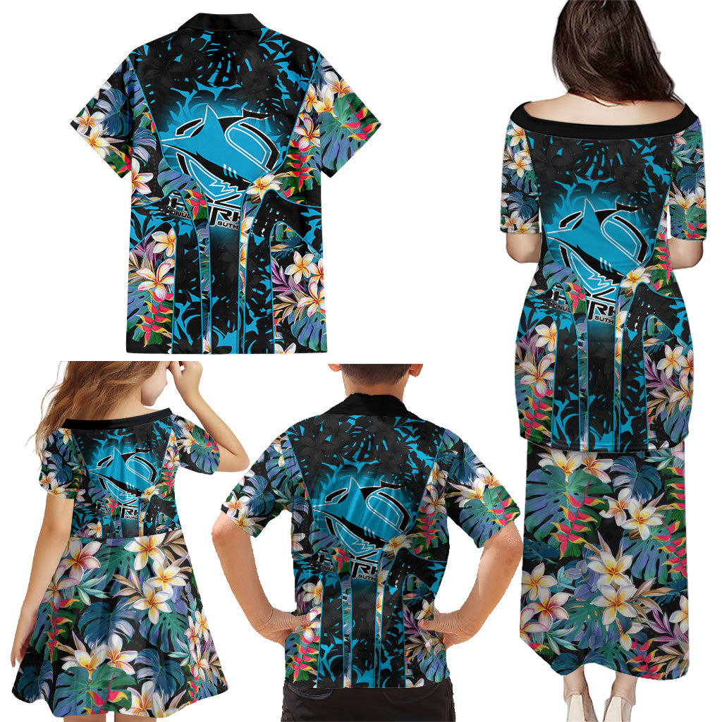 Cronulla-Sutherland Sharks Family Matching Puletasi and Hawaiian Shirt Tropical Island Floral Pattern With Black And Blue Accents