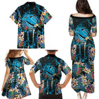 Cronulla-Sutherland Sharks Family Matching Puletasi and Hawaiian Shirt Tropical Island Floral Pattern With Black And Blue Accents