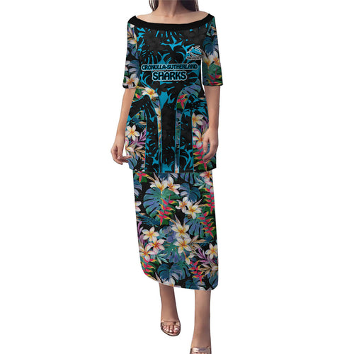 Cronulla-Sutherland Sharks Family Matching Puletasi and Hawaiian Shirt Tropical Island Floral Pattern With Black And Blue Accents