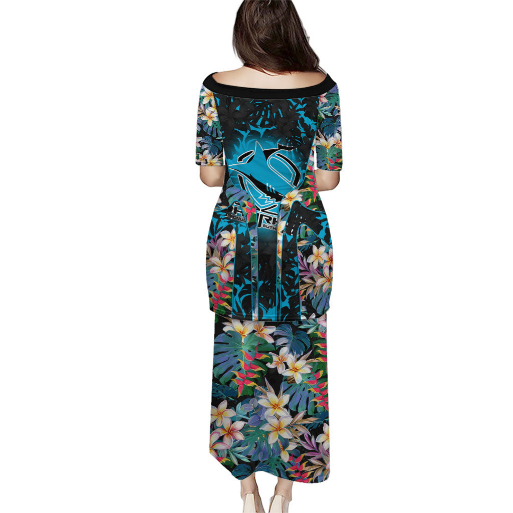 Cronulla-Sutherland Sharks Family Matching Puletasi and Hawaiian Shirt Tropical Island Floral Pattern With Black And Blue Accents