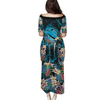 Cronulla-Sutherland Sharks Family Matching Puletasi and Hawaiian Shirt Tropical Island Floral Pattern With Black And Blue Accents