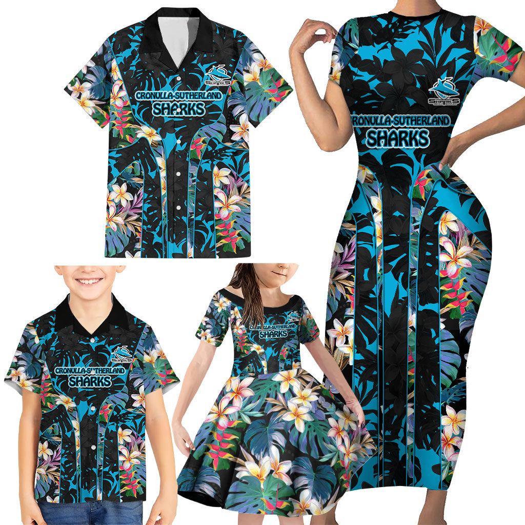 Cronulla-Sutherland Sharks Family Matching Short Sleeve Bodycon Dress and Hawaiian Shirt Tropical Island Floral Pattern With Black And Blue Accents