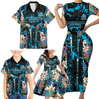 Cronulla-Sutherland Sharks Family Matching Short Sleeve Bodycon Dress and Hawaiian Shirt Tropical Island Floral Pattern With Black And Blue Accents