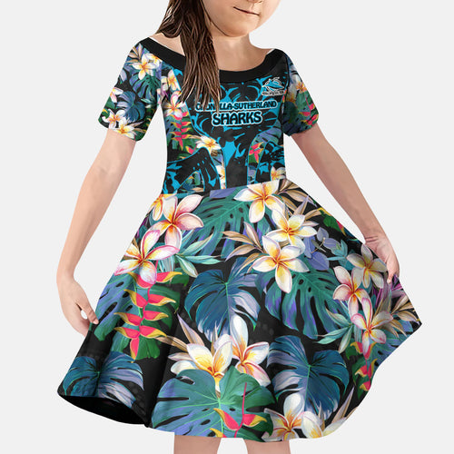 Cronulla-Sutherland Sharks Family Matching Short Sleeve Bodycon Dress and Hawaiian Shirt Tropical Island Floral Pattern With Black And Blue Accents