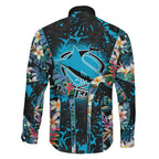 Cronulla-Sutherland Sharks Family Matching Short Sleeve Bodycon Dress and Hawaiian Shirt Tropical Island Floral Pattern With Black And Blue Accents