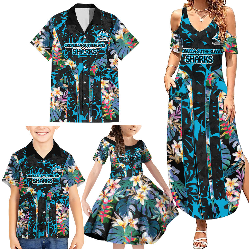Cronulla-Sutherland Sharks Family Matching Summer Maxi Dress and Hawaiian Shirt Tropical Island Floral Pattern With Black And Blue Accents