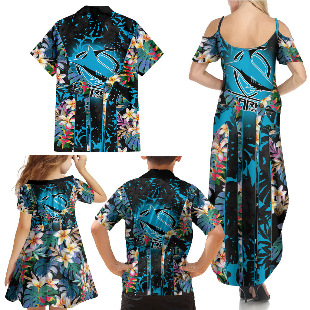 Cronulla-Sutherland Sharks Family Matching Summer Maxi Dress and Hawaiian Shirt Tropical Island Floral Pattern With Black And Blue Accents