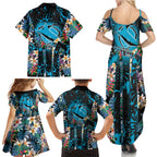 Cronulla-Sutherland Sharks Family Matching Summer Maxi Dress and Hawaiian Shirt Tropical Island Floral Pattern With Black And Blue Accents