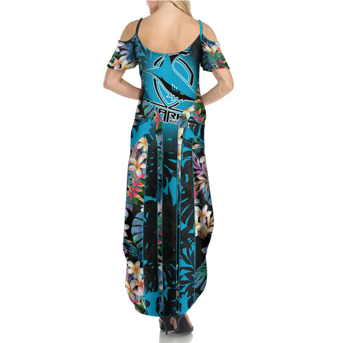 Cronulla-Sutherland Sharks Family Matching Summer Maxi Dress and Hawaiian Shirt Tropical Island Floral Pattern With Black And Blue Accents