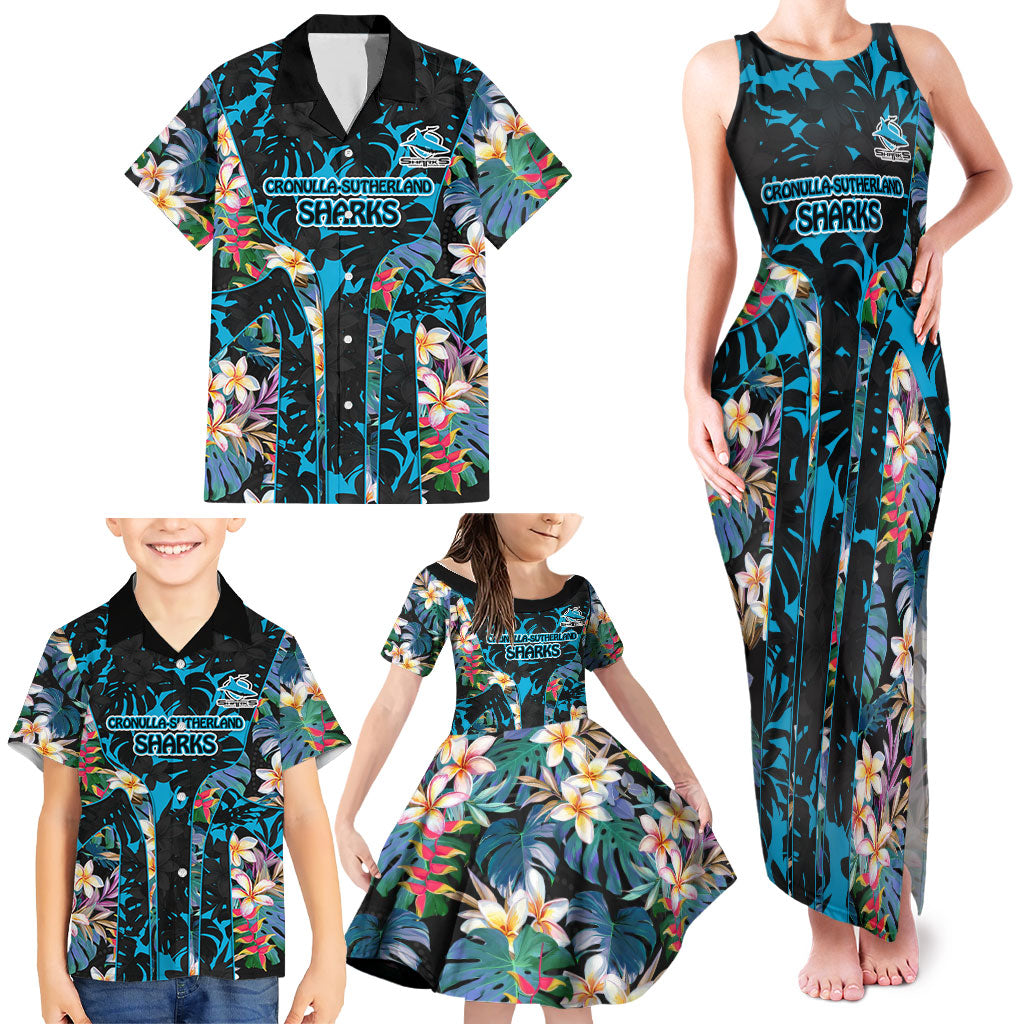 Cronulla-Sutherland Sharks Family Matching Tank Maxi Dress and Hawaiian Shirt Tropical Island Floral Pattern With Black And Blue Accents