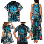 Cronulla-Sutherland Sharks Family Matching Tank Maxi Dress and Hawaiian Shirt Tropical Island Floral Pattern With Black And Blue Accents