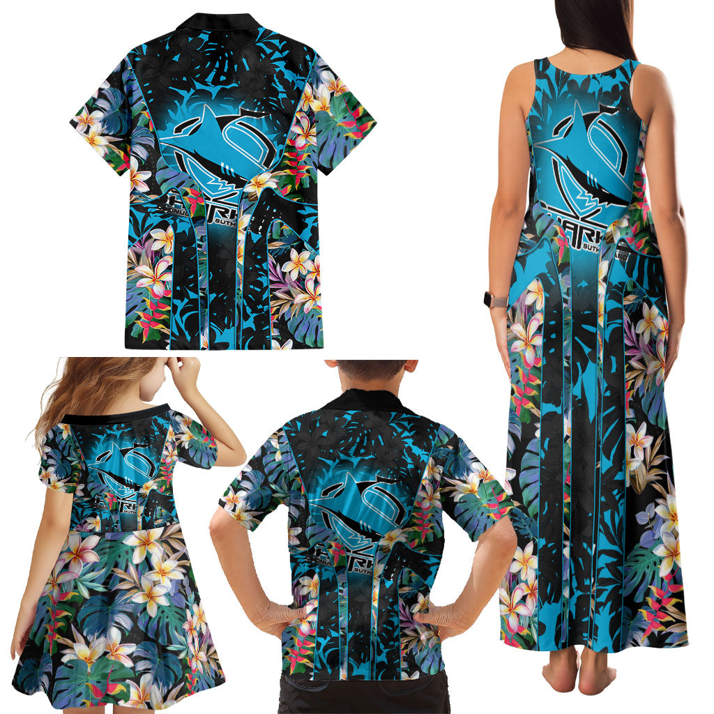 Cronulla-Sutherland Sharks Family Matching Tank Maxi Dress and Hawaiian Shirt Tropical Island Floral Pattern With Black And Blue Accents