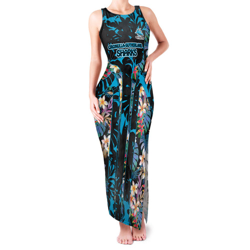 Cronulla-Sutherland Sharks Family Matching Tank Maxi Dress and Hawaiian Shirt Tropical Island Floral Pattern With Black And Blue Accents