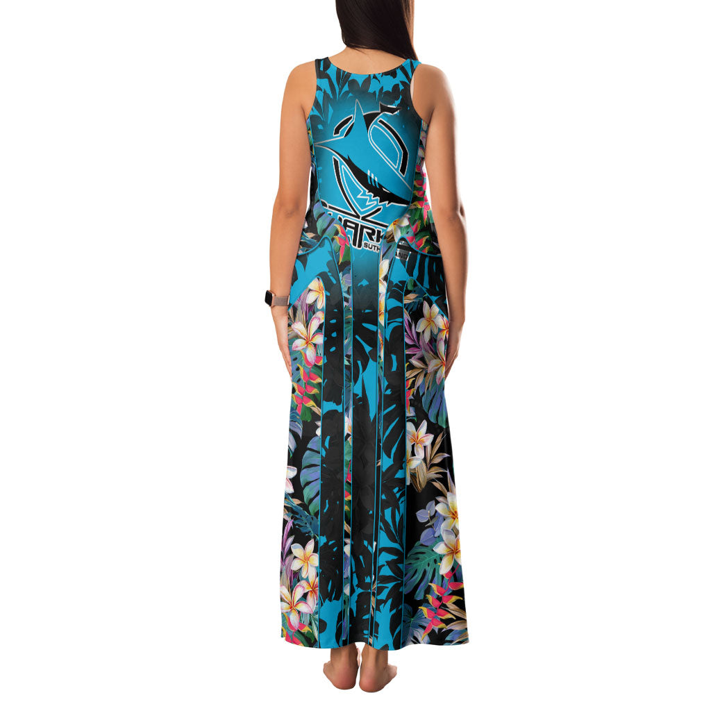 Cronulla-Sutherland Sharks Family Matching Tank Maxi Dress and Hawaiian Shirt Tropical Island Floral Pattern With Black And Blue Accents