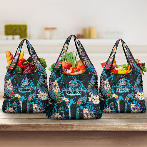 Cronulla-Sutherland Sharks Grocery Bag Tropical Island Floral Pattern With Black And Blue Accents