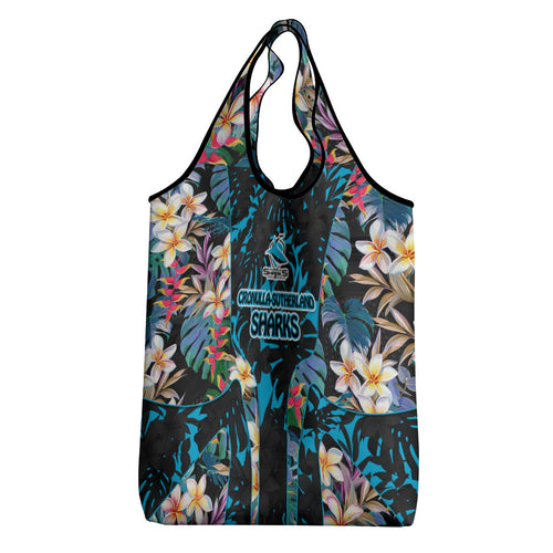 Cronulla-Sutherland Sharks Grocery Bag Tropical Island Floral Pattern With Black And Blue Accents