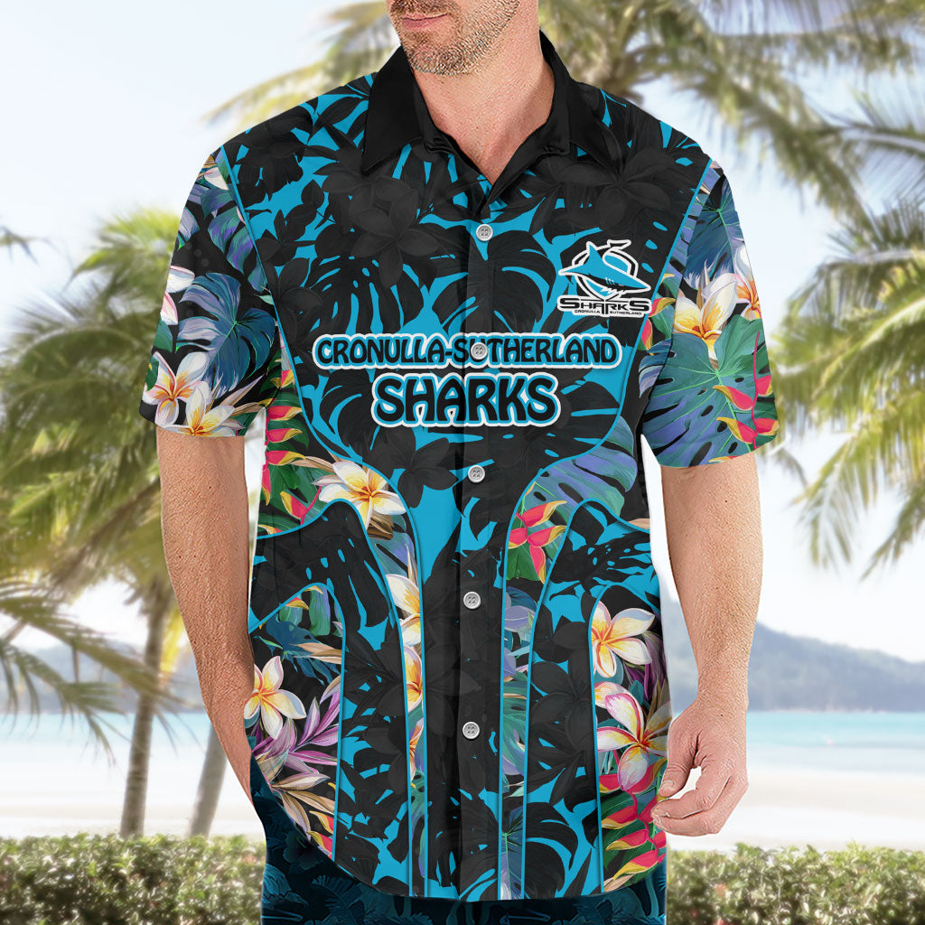 Cronulla-Sutherland Sharks Hawaiian Shirt Tropical Island Floral Pattern With Black And Blue Accents