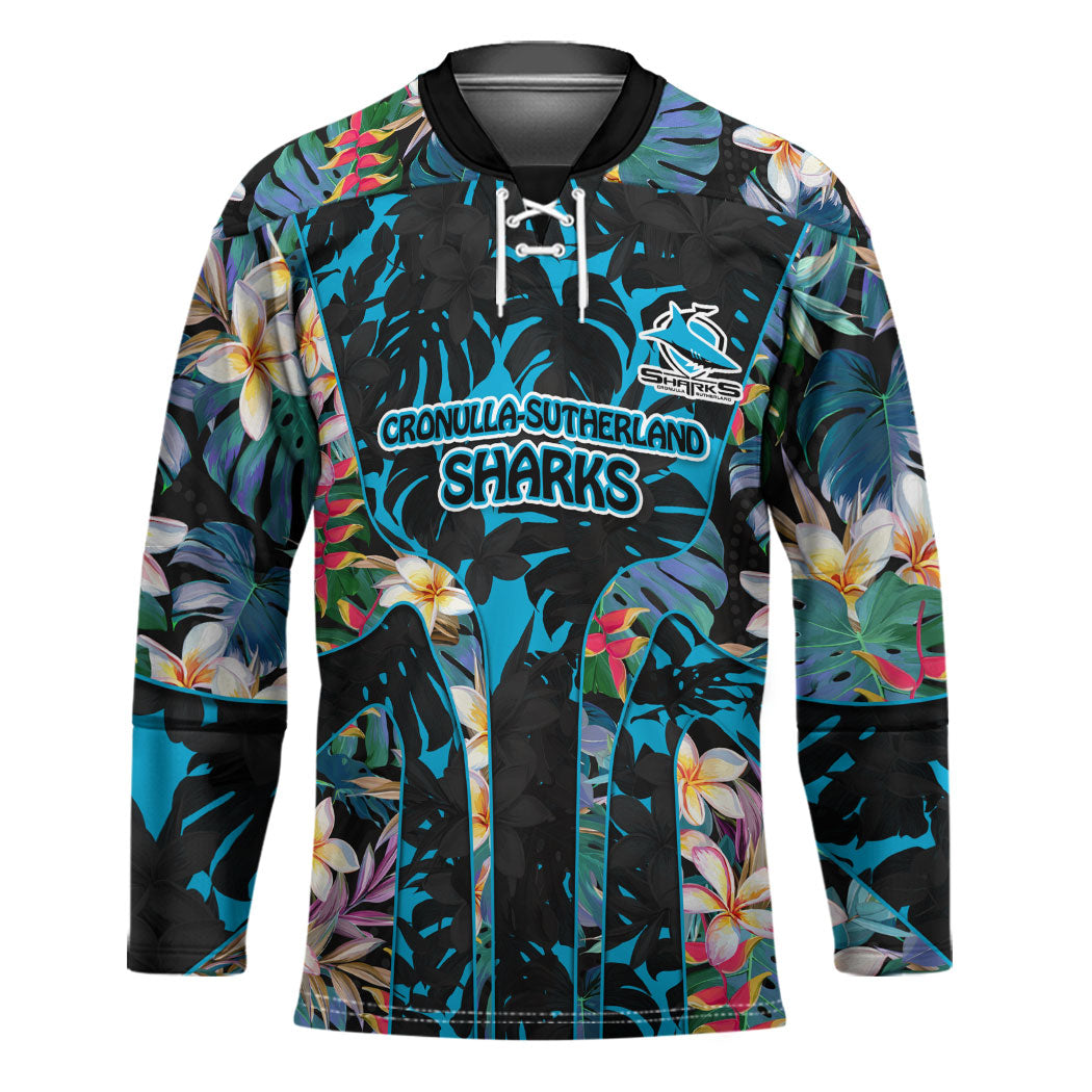 Cronulla-Sutherland Sharks Hockey Jersey Tropical Island Floral Pattern With Black And Blue Accents