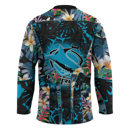 Cronulla-Sutherland Sharks Hockey Jersey Tropical Island Floral Pattern With Black And Blue Accents