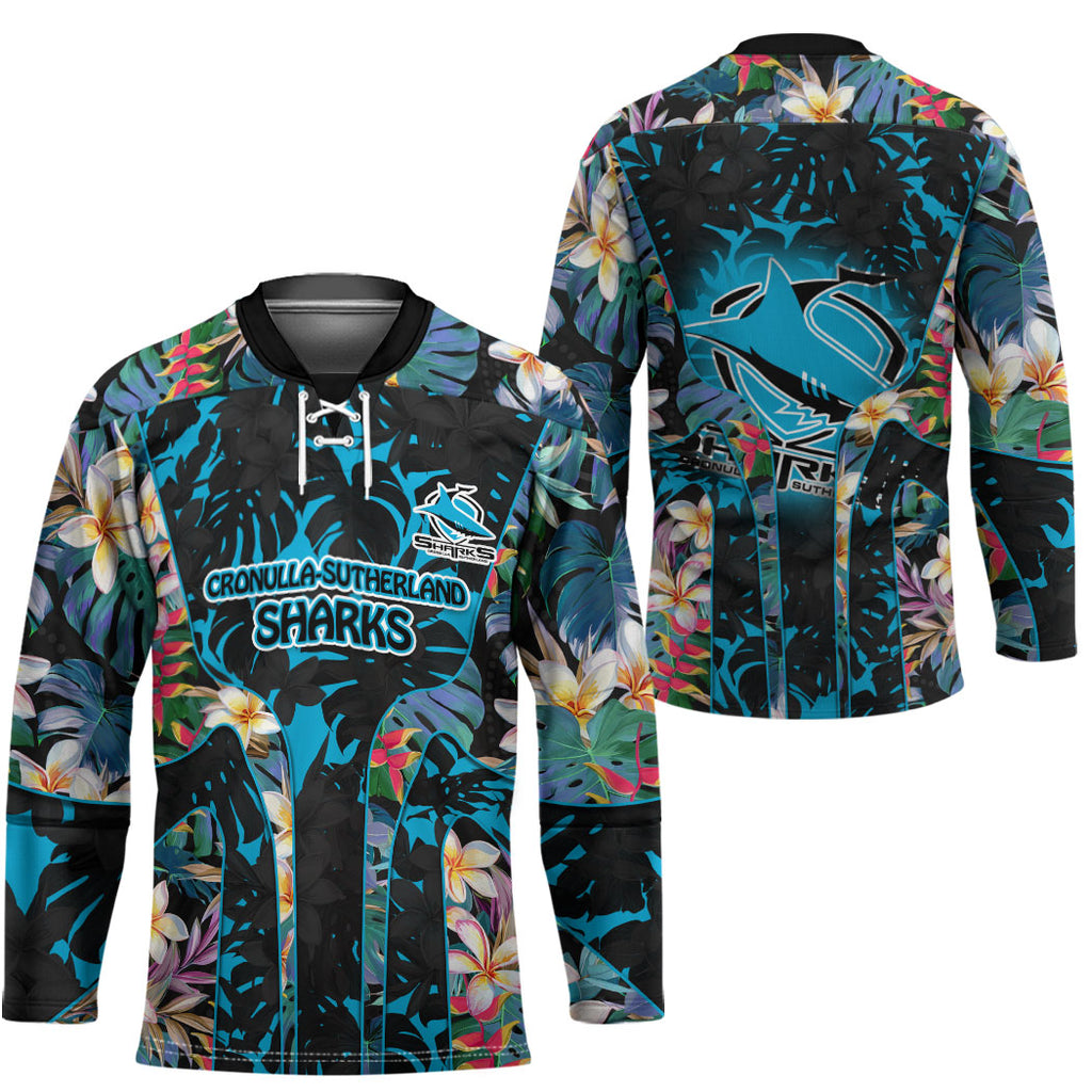 Cronulla-Sutherland Sharks Hockey Jersey Tropical Island Floral Pattern With Black And Blue Accents