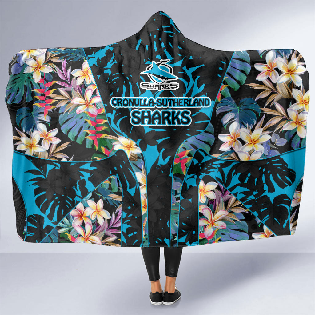 Cronulla-Sutherland Sharks Hooded Blanket Tropical Island Floral Pattern With Black And Blue Accents