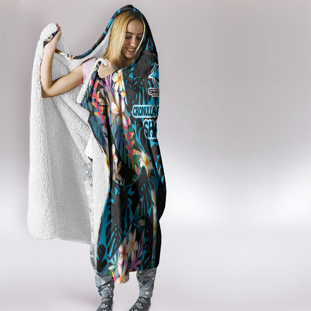 Cronulla-Sutherland Sharks Hooded Blanket Tropical Island Floral Pattern With Black And Blue Accents