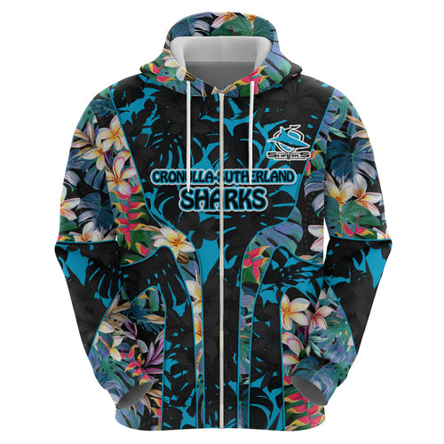 Cronulla-Sutherland Sharks Hoodie Tropical Island Floral Pattern With Black And Blue Accents