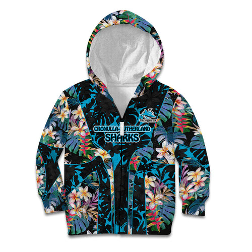 Cronulla-Sutherland Sharks Kid Hoodie Tropical Island Floral Pattern With Black And Blue Accents