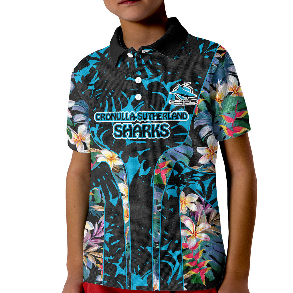 Cronulla-Sutherland Sharks Kid Polo Shirt Tropical Island Floral Pattern With Black And Blue Accents