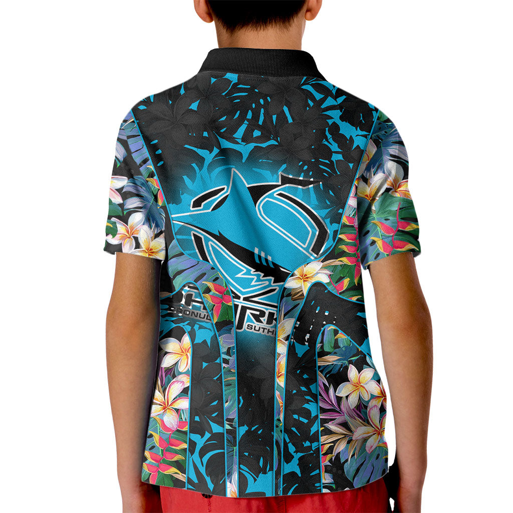 Cronulla-Sutherland Sharks Kid Polo Shirt Tropical Island Floral Pattern With Black And Blue Accents