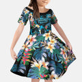 Cronulla-Sutherland Sharks Kid Short Sleeve Dress Tropical Island Floral Pattern With Black And Blue Accents