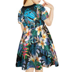 Cronulla-Sutherland Sharks Kid Short Sleeve Dress Tropical Island Floral Pattern With Black And Blue Accents