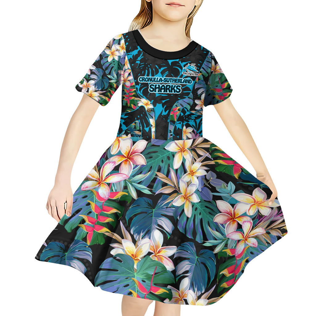 Cronulla-Sutherland Sharks Kid Short Sleeve Dress Tropical Island Floral Pattern With Black And Blue Accents