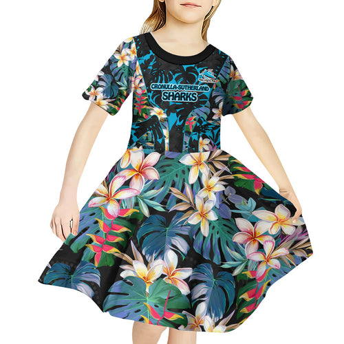 Cronulla-Sutherland Sharks Kid Short Sleeve Dress Tropical Island Floral Pattern With Black And Blue Accents