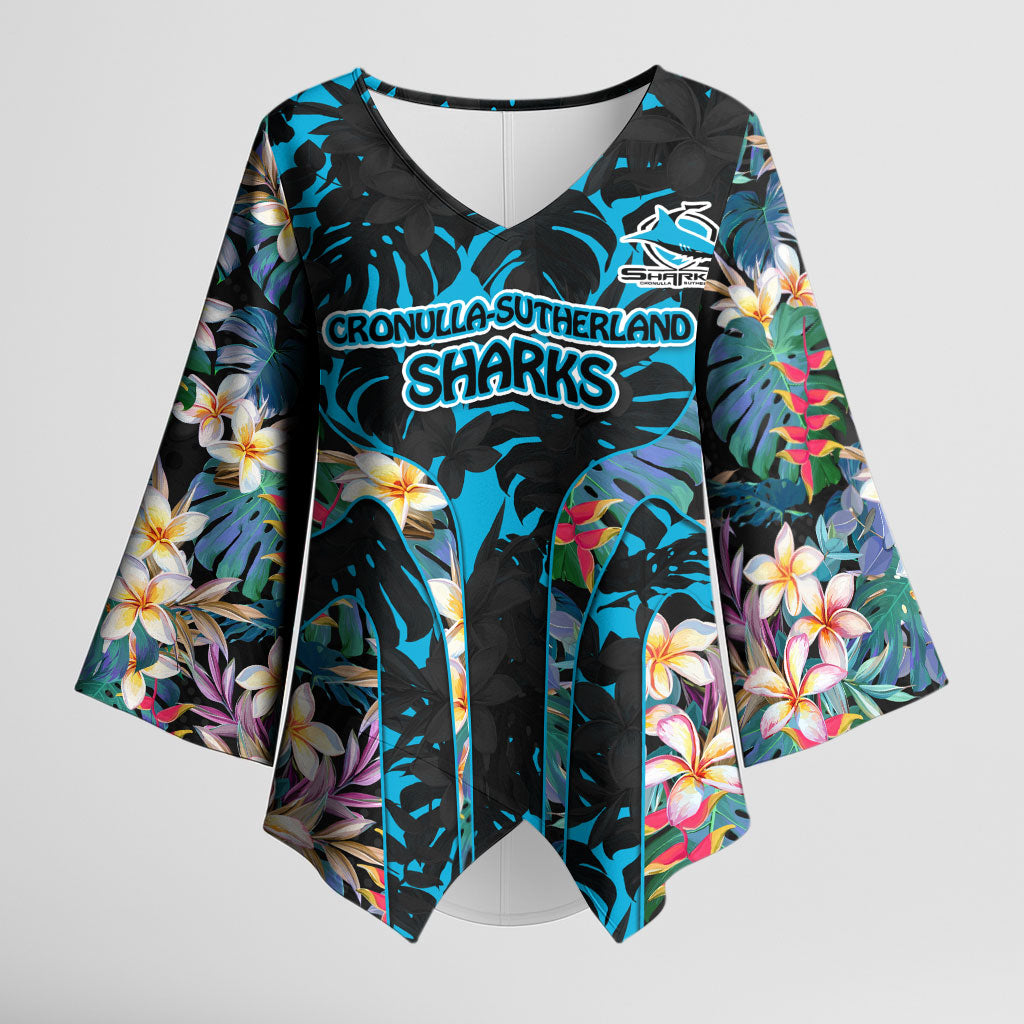 Cronulla-Sutherland Sharks Kimono Sleeve Blouse Tropical Island Floral Pattern With Black And Blue Accents