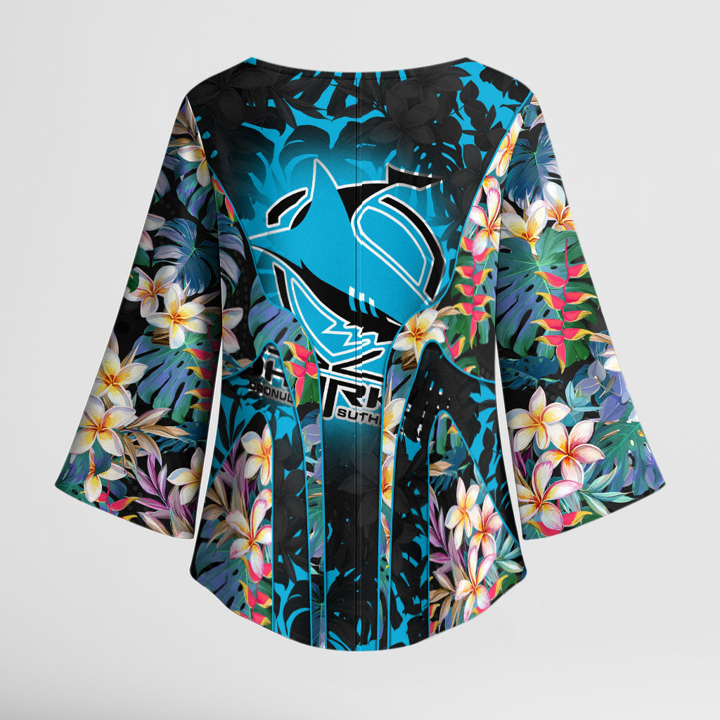 Cronulla-Sutherland Sharks Kimono Sleeve Blouse Tropical Island Floral Pattern With Black And Blue Accents