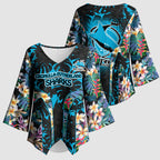Cronulla-Sutherland Sharks Kimono Sleeve Blouse Tropical Island Floral Pattern With Black And Blue Accents