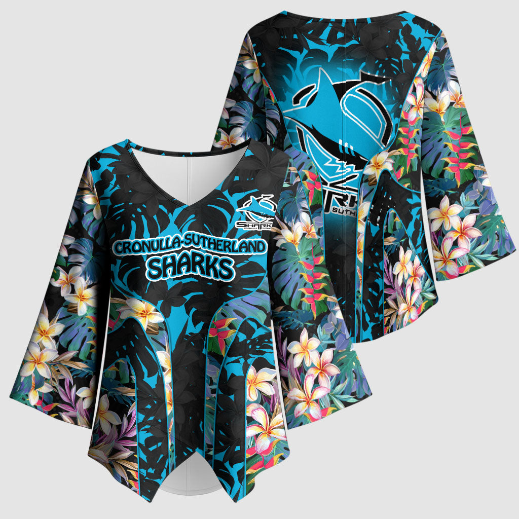 Cronulla-Sutherland Sharks Kimono Sleeve Blouse Tropical Island Floral Pattern With Black And Blue Accents