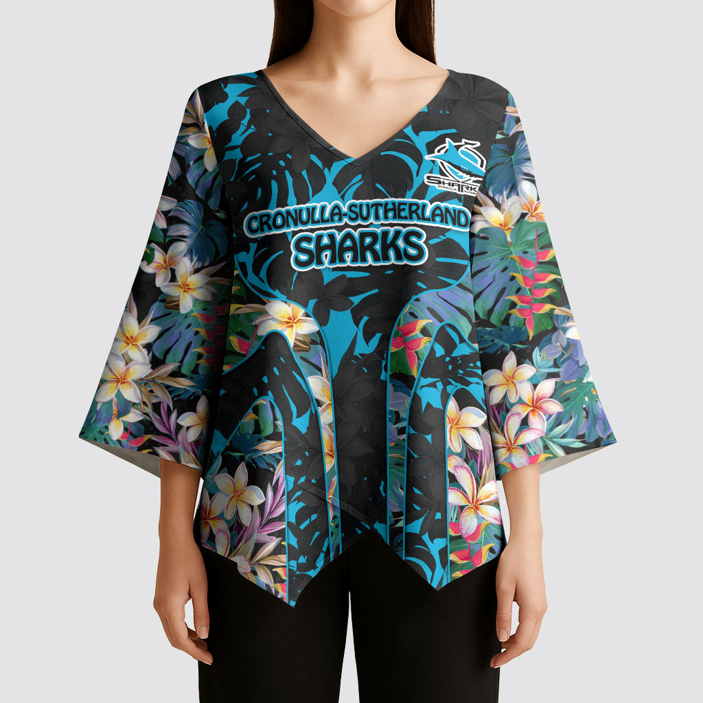 Cronulla-Sutherland Sharks Kimono Sleeve Blouse Tropical Island Floral Pattern With Black And Blue Accents