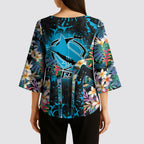Cronulla-Sutherland Sharks Kimono Sleeve Blouse Tropical Island Floral Pattern With Black And Blue Accents